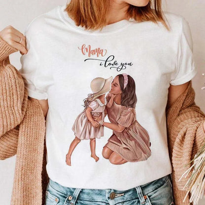 Cartoon Mom Mother Boy Girl Print Mother Lady T-shirts