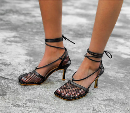 Mesh Square Toe Stiletto High Heels Pumps Ankle Lace-Up Elegant Shoes