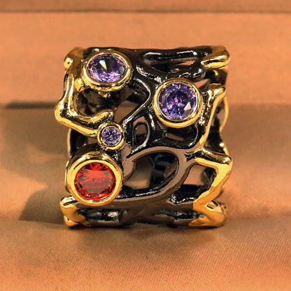 High quality Black gold-plated color stone hollow colorful separation ring