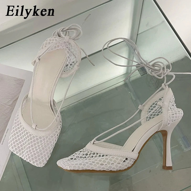 Mesh Square Toe Stiletto High Heels Pumps Ankle Lace-Up Elegant Shoes