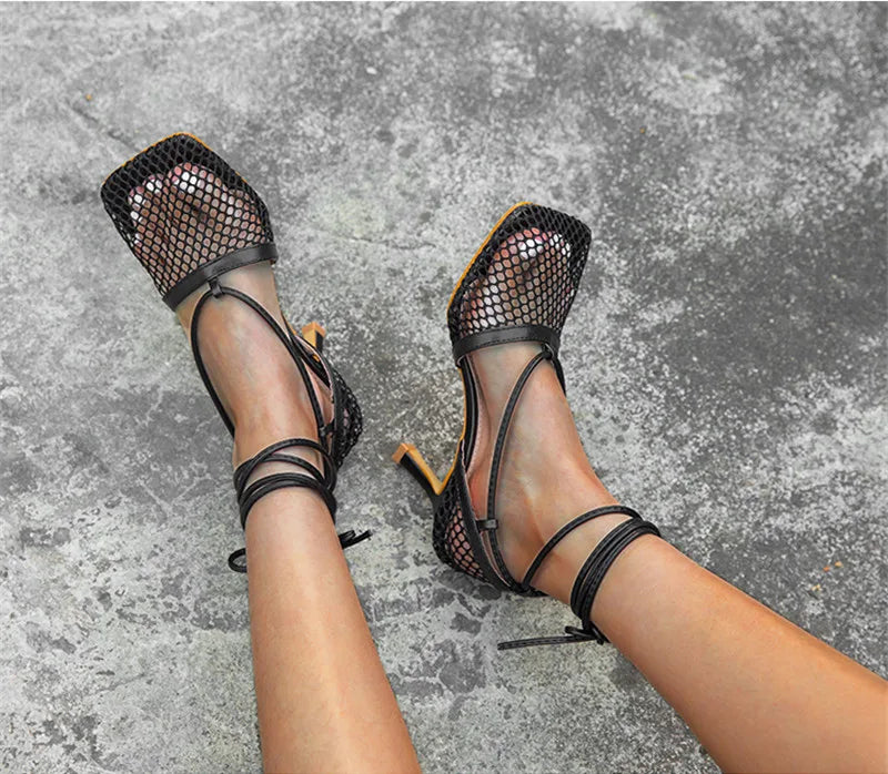 Mesh Square Toe Stiletto High Heels Pumps Ankle Lace-Up Elegant Shoes