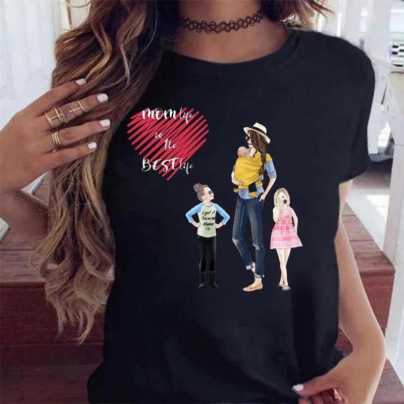 Cartoon Mom Mother Boy Girl Print Mother Lady T-shirts