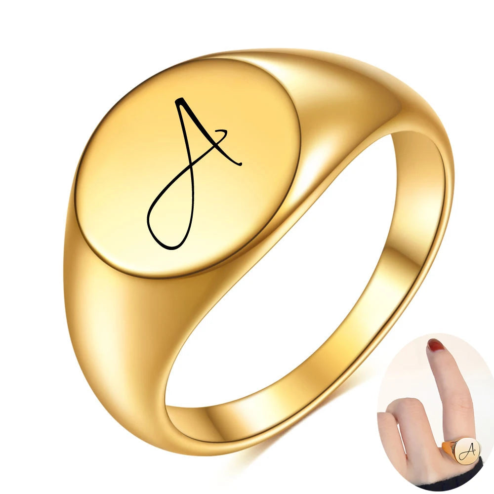 Initial Letter Stamp Signet Chunky Stainless Rings