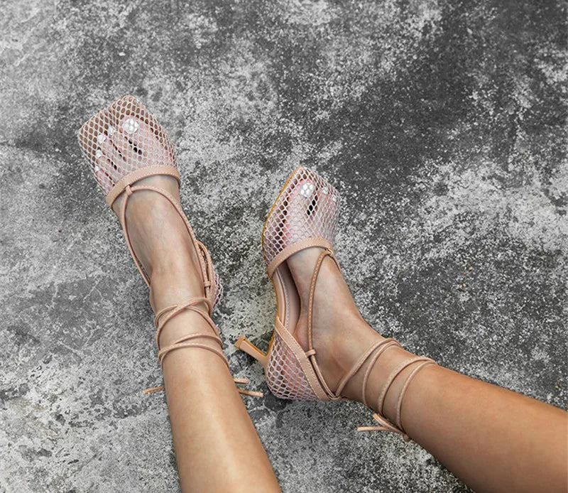 Mesh Square Toe Stiletto High Heels Pumps Ankle Lace-Up Elegant Shoes