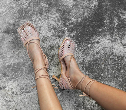 Mesh Square Toe Stiletto High Heels Pumps Ankle Lace-Up Elegant Shoes