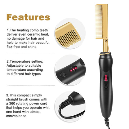 Electric Hot Heating Comb Hair Straightener Curler