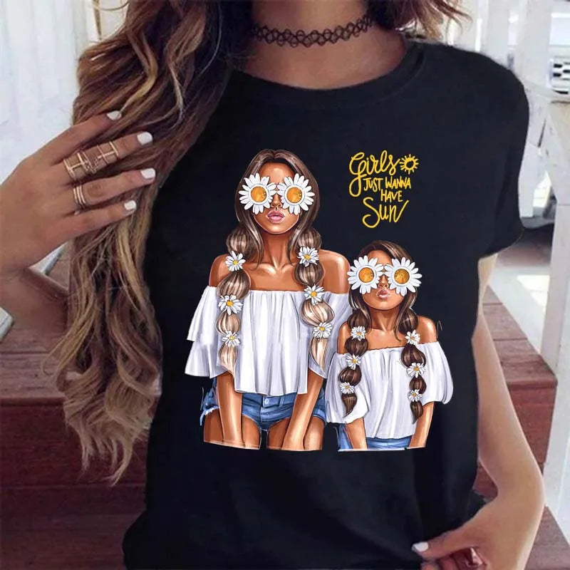 Cartoon Mom Mother Boy Girl Print Mother Lady T-shirts