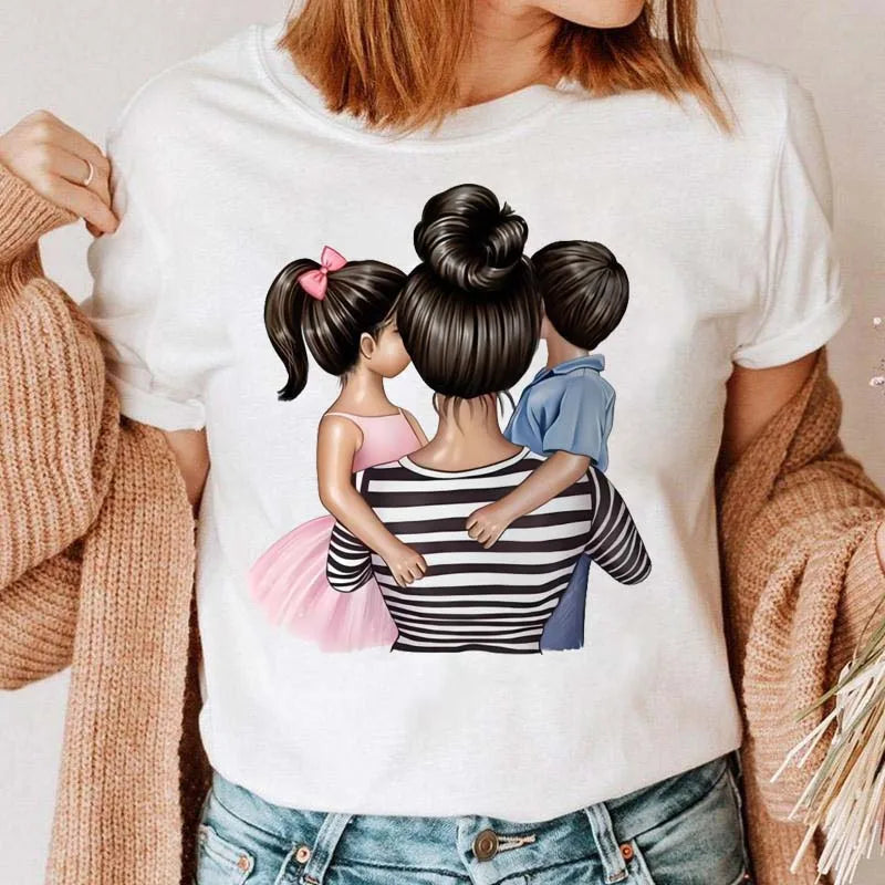 Cartoon Mom Mother Boy Girl Print Mother Lady T-shirts