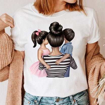 Cartoon Mom Mother Boy Girl Print Mother Lady T-shirts