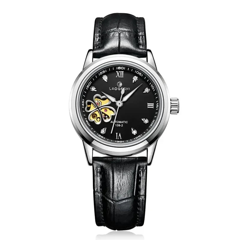 Black leather automatic wristwatch with skeleton dial and crystal hour markers