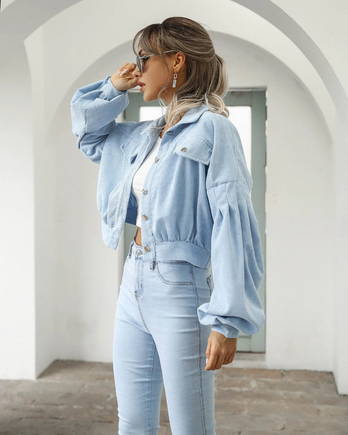 Cropped Corduroy Overcoat Single Breasted Lantern Sleeve Coats Jacket