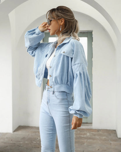Cropped Corduroy Overcoat Single Breasted Lantern Sleeve Coats Jacket