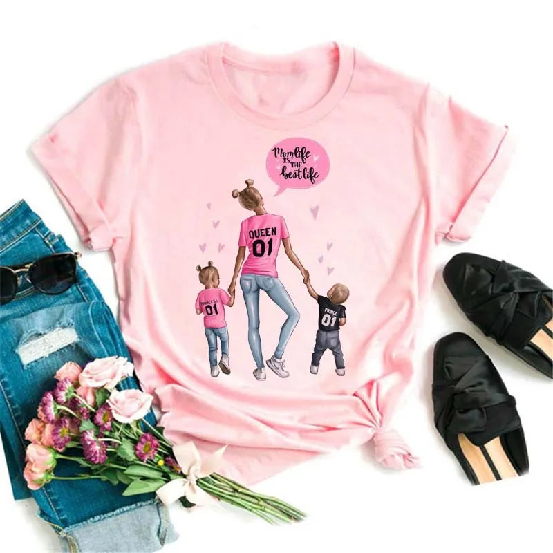 Cartoon Mom Mother Boy Girl Print Mother Lady T-shirts