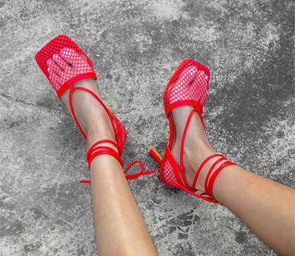 Mesh Square Toe Stiletto High Heels Pumps Ankle Lace-Up Elegant Shoes