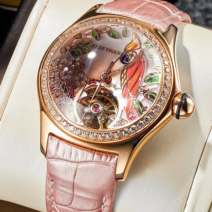 Luxury Diamond Automatic Tourbillon Leather Strap Watch