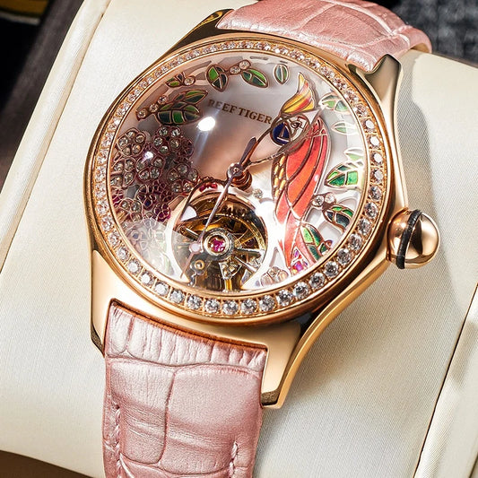 Luxury Diamond Automatic Tourbillon Leather Strap Watch