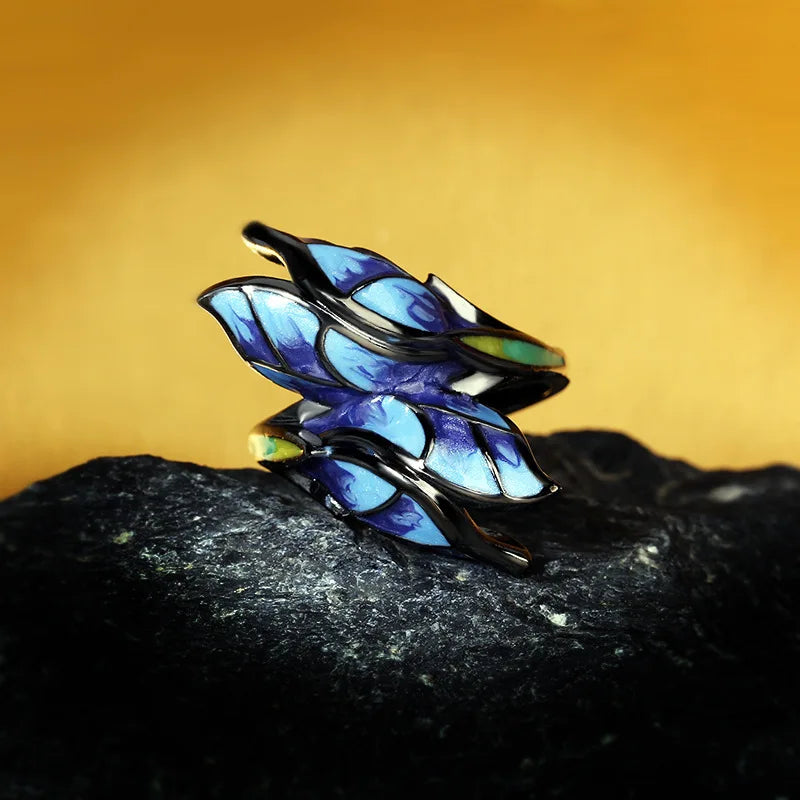 Unique Shape Blue Butterfly Enamel 925 Silver Elegant Handmade Ring