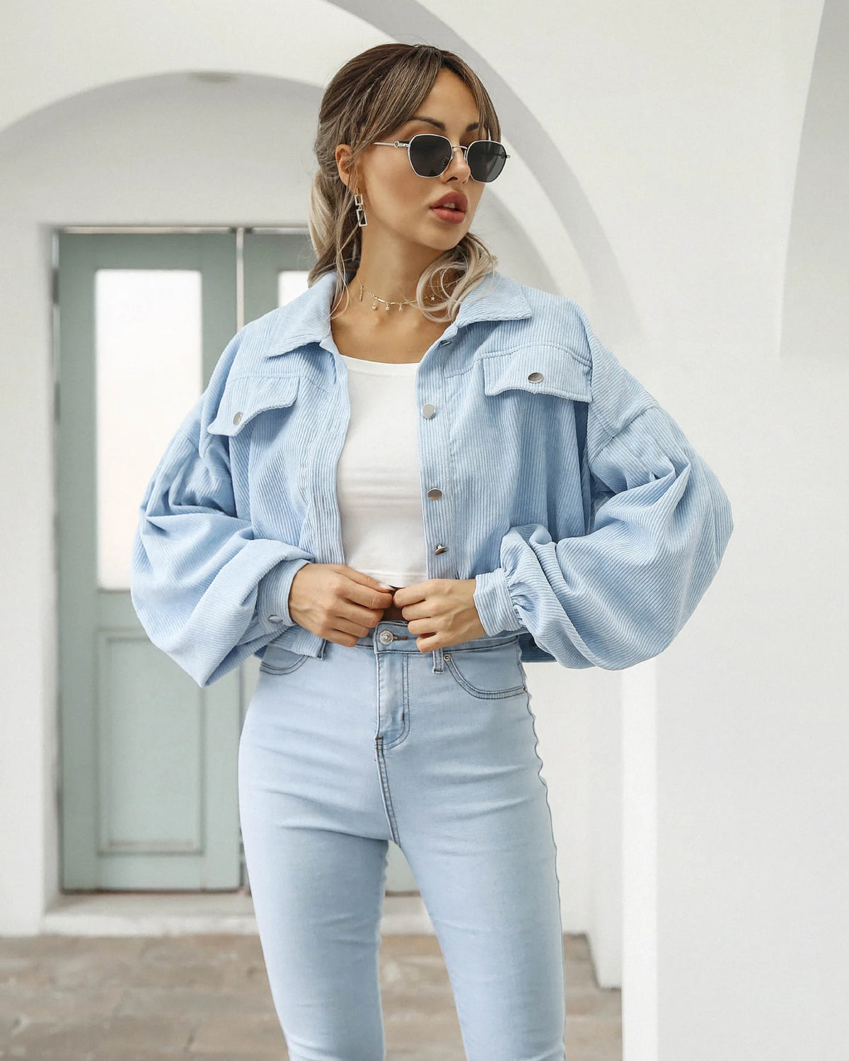 Cropped Corduroy Overcoat Single Breasted Lantern Sleeve Coats Jacket