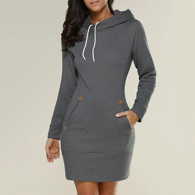 Knee-Length Pockets Warm Sweat Shirt Long Sleeve Dress