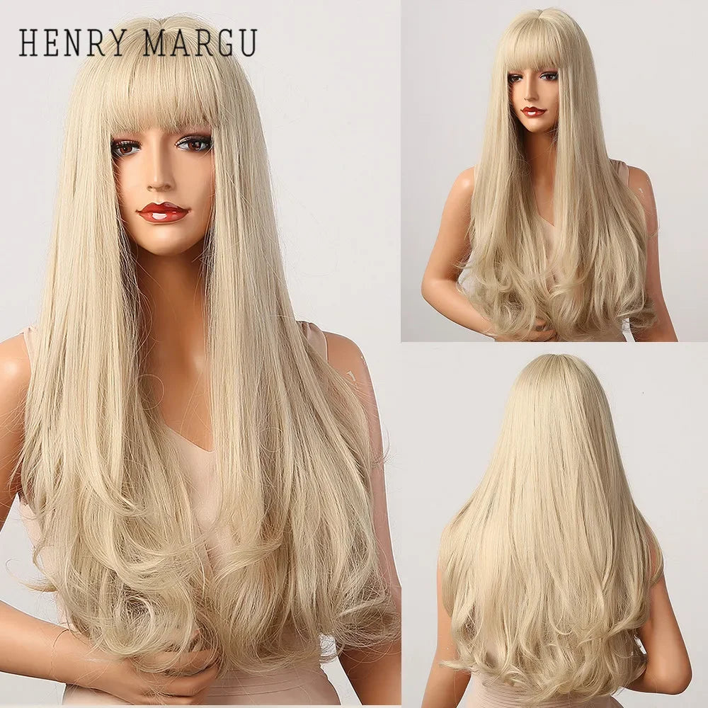 Long Natural Wavy Platinum Blonde Wigs