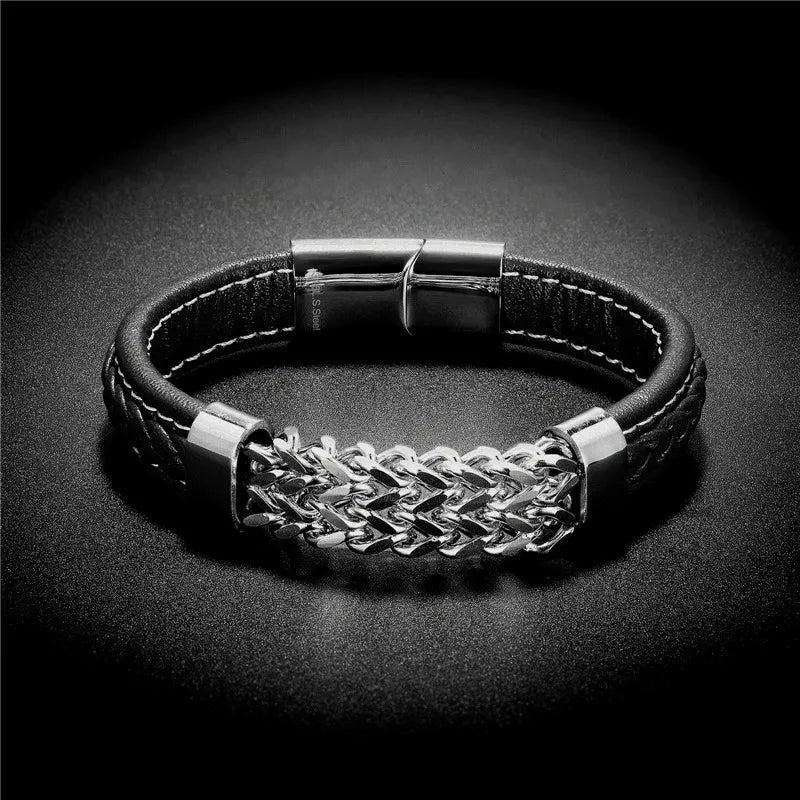 Vintage Leather Gold Stainless Steel Chain Bracelets