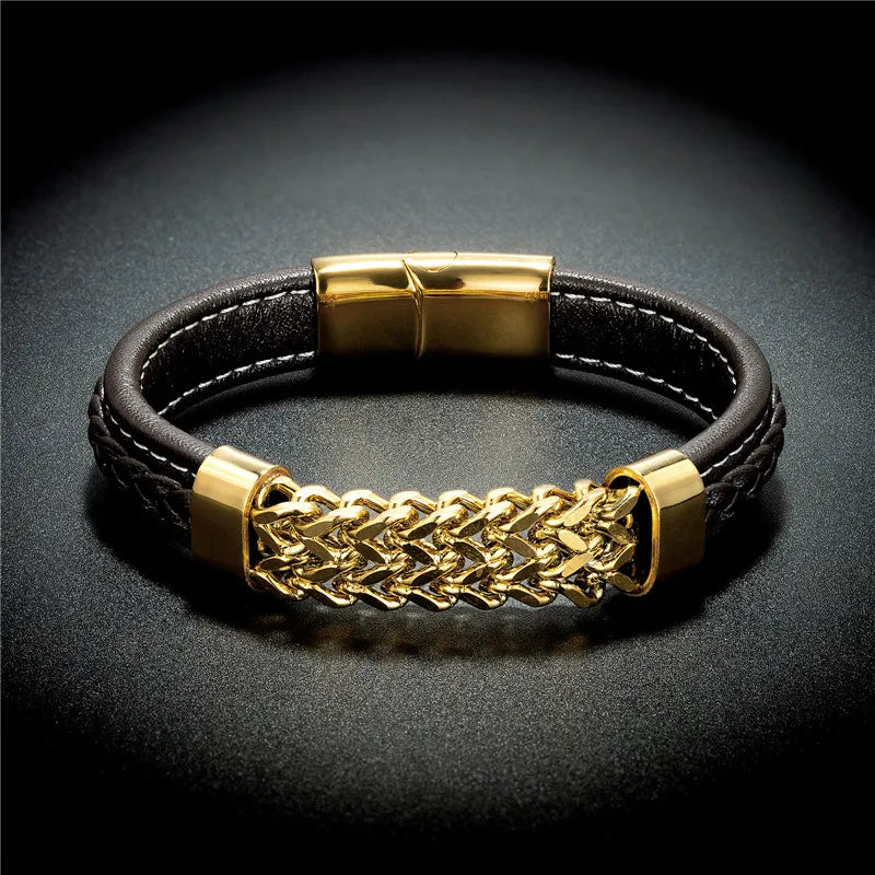 Vintage Leather Gold Stainless Steel Chain Bracelets