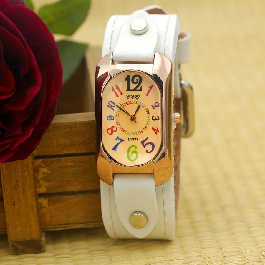 Cow Leather Strap Color Digital Rectangle Bronze Quartz Watch