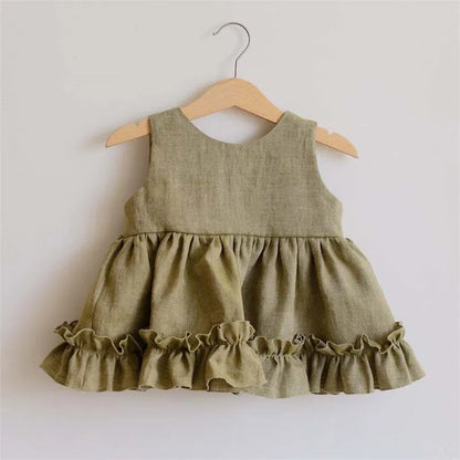 Cotton Linen Baby Girls Summer 3 Layers Cake Tutu Dress