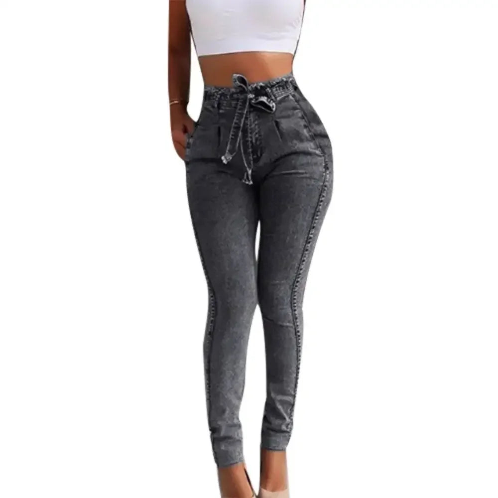 Belted High Waist Skinny Jeans Pants
