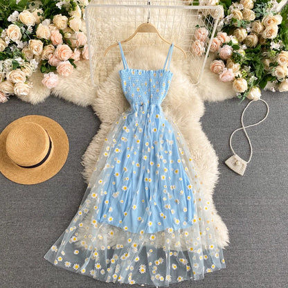 Korean Daisy Flower Print Mesh Dress