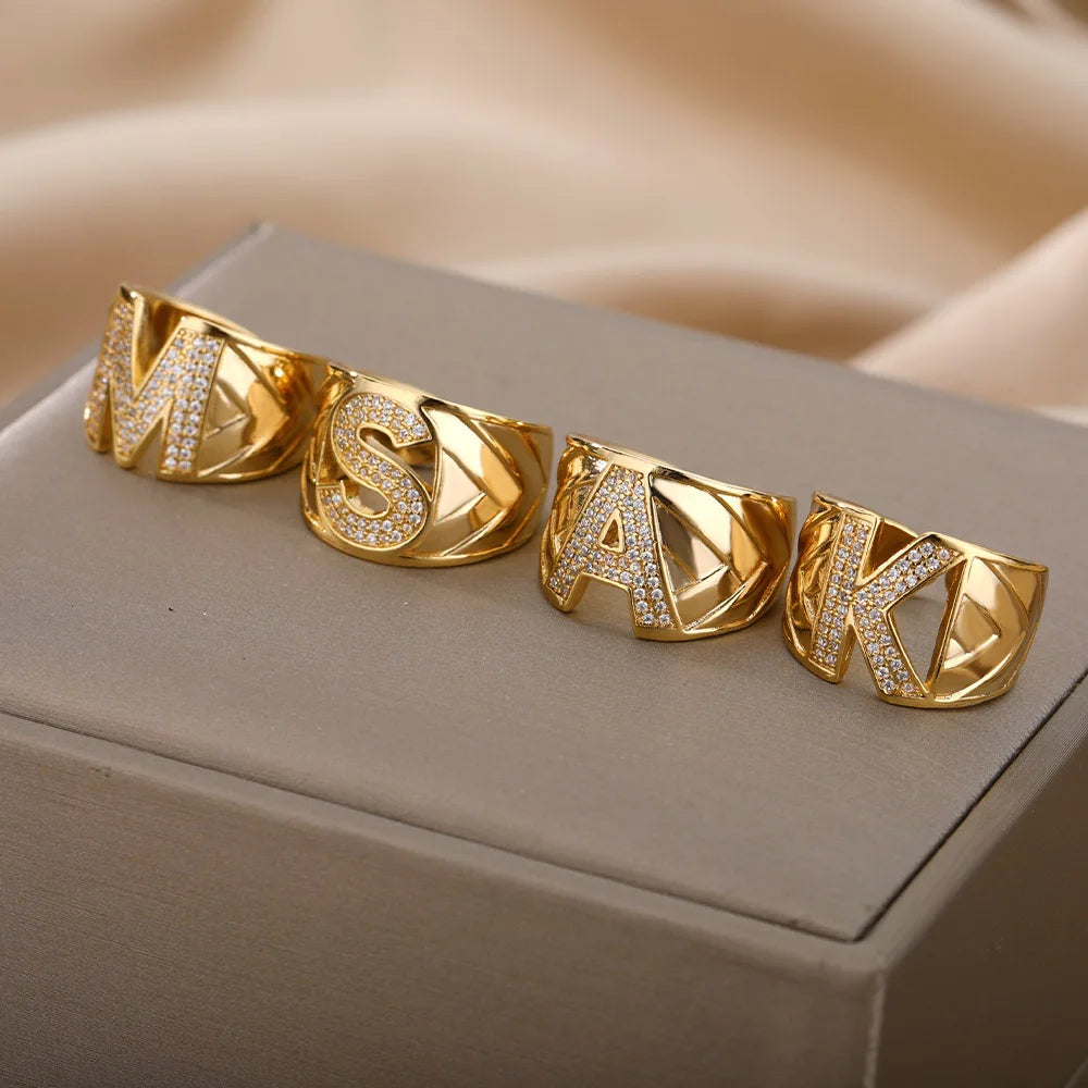 Chunky Wide Zircon Initial Letter Rings