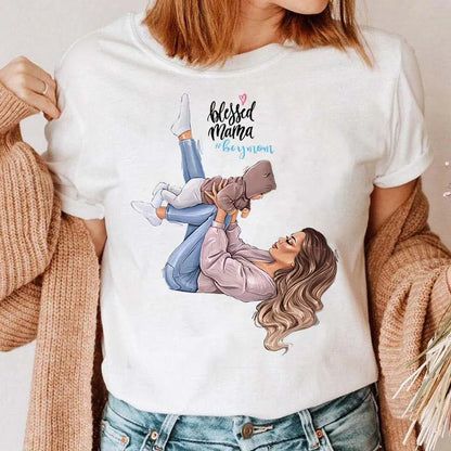 Cartoon Mom Mother Boy Girl Print Mother Lady T-shirts
