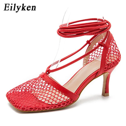 Mesh Square Toe Stiletto High Heels Pumps Ankle Lace-Up Elegant Shoes