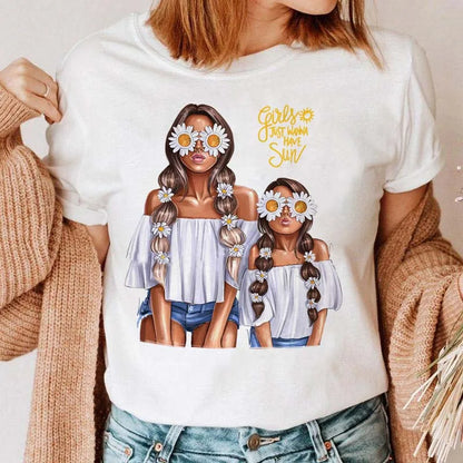 Cartoon Mom Mother Boy Girl Print Mother Lady T-shirts