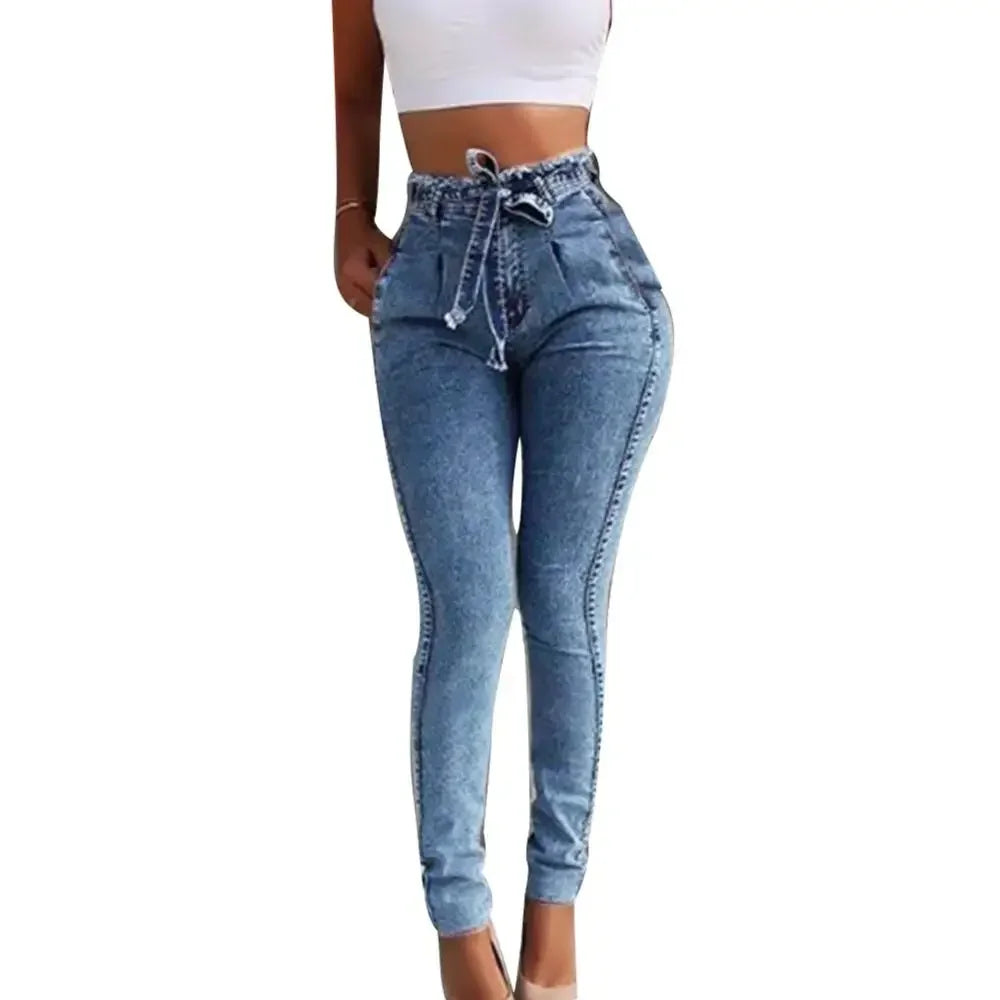 Belted High Waist Skinny Jeans Pants
