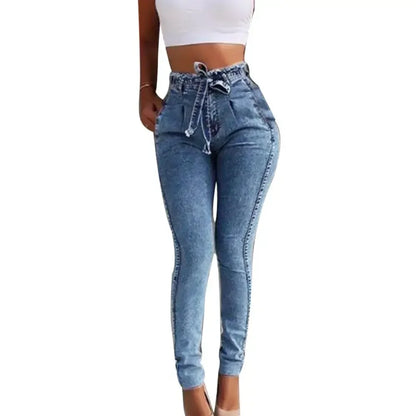 Belted High Waist Skinny Jeans Pants