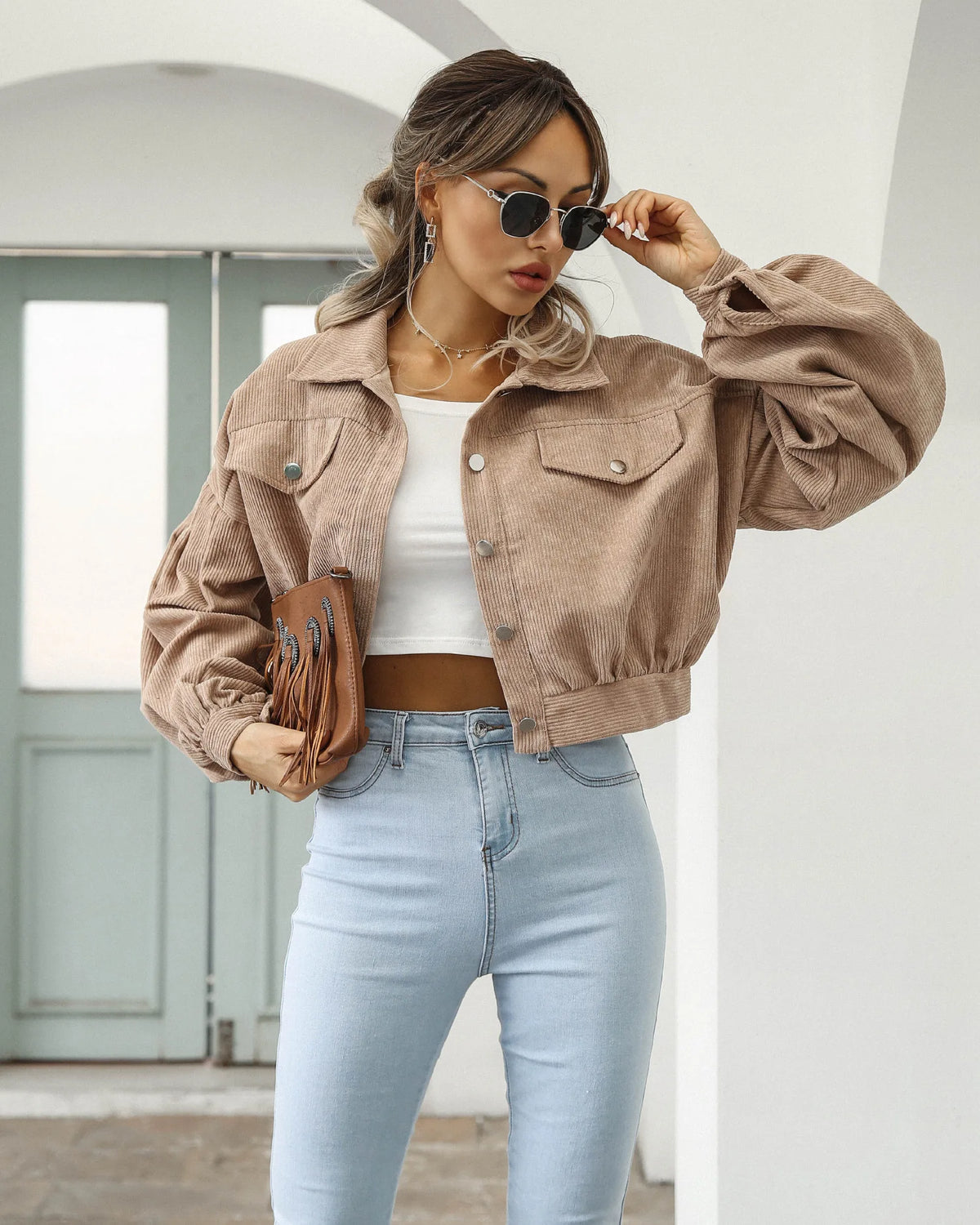Cropped Corduroy Overcoat Single Breasted Lantern Sleeve Coats Jacket