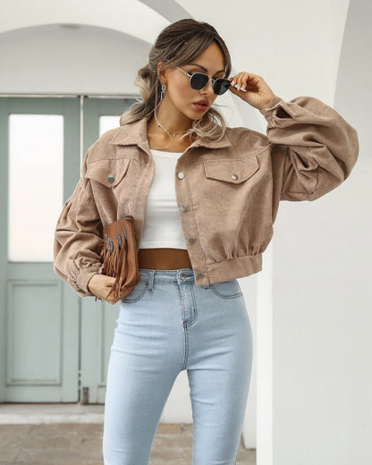 Cropped Corduroy Overcoat Single Breasted Lantern Sleeve Coats Jacket
