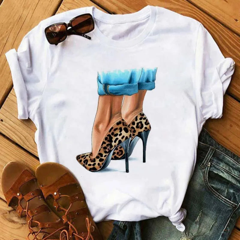 Maycaur Pink High Heels Flowers Bag Print T Shirt