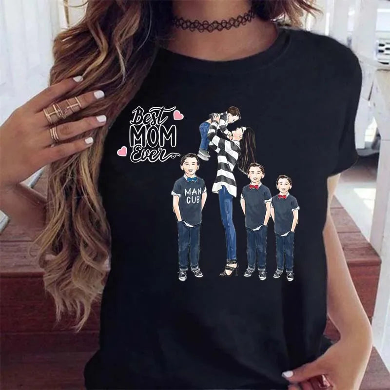 Cartoon Mom Mother Boy Girl Print Mother Lady T-shirts