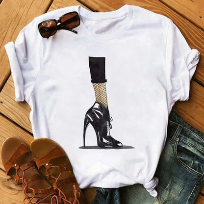 Maycaur Pink High Heels Flowers Bag Print T Shirt