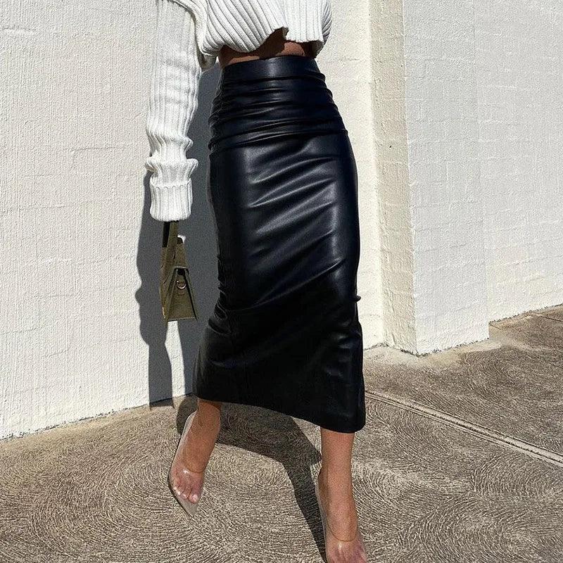 Sexy High Waist Slit Leather Long Skirt