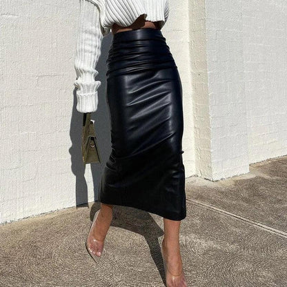 Sexy High Waist Slit Leather Long Skirt