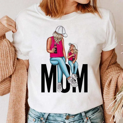 Cartoon Mom Mother Boy Girl Print Mother Lady T-shirts