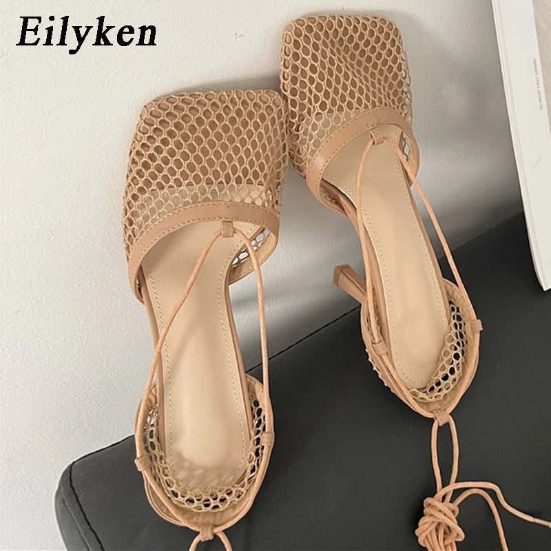 Mesh Square Toe Stiletto High Heels Pumps Ankle Lace-Up Elegant Shoes