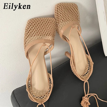 Mesh Square Toe Stiletto High Heels Pumps Ankle Lace-Up Elegant Shoes