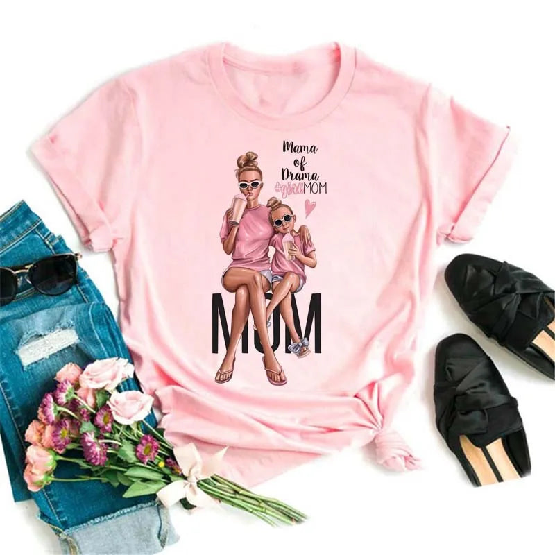 Cartoon Mom Mother Boy Girl Print Mother Lady T-shirts
