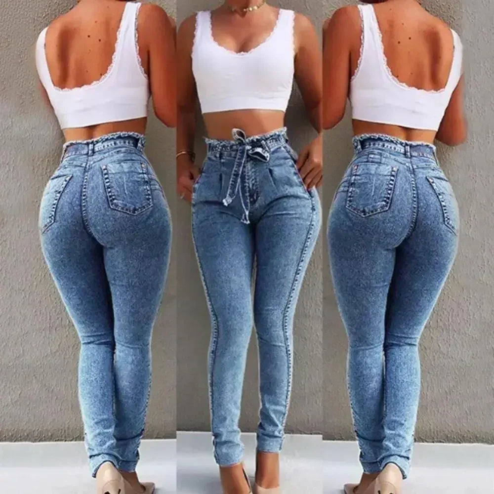 Belted High Waist Skinny Jeans Pants