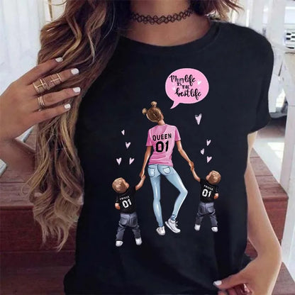 Cartoon Mom Mother Boy Girl Print Mother Lady T-shirts