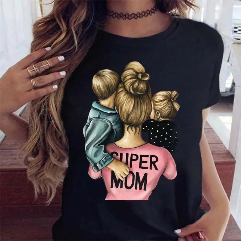 Cartoon Mom Mother Boy Girl Print Mother Lady T-shirts